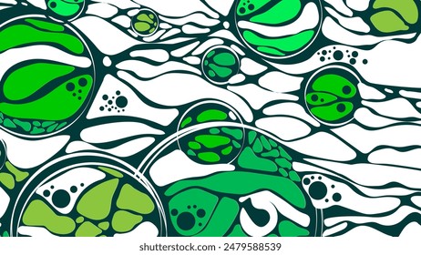 Vector green background. Clean ecology. Green world. Space algae pattern. Design plex of chaotic circles, spheres, lines. Texture of network.  Banner for presentations, business, and science.