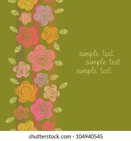 Vector green background with flowers and leaves of doodles. Floral seamless pattern in hand drawn childish style. Abstract simple ornamental illustration. Greeting card for holiday with text box.