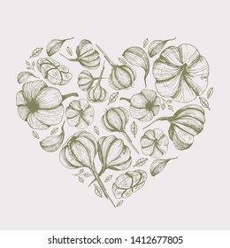 Vector green background with garlic illustrations Hand drawn heart shape food image