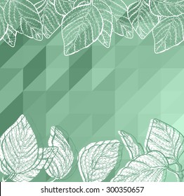 Vector green background with geometric triangle mosaic and hand drawn leaves borders of plant or tree