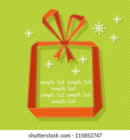 Vector green background with gift box made from red paper ribbon. Original christmas greeting and invitation card in origami style. Illustration for presentation with banner, snowflakes, text box