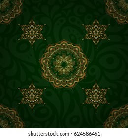 Vector green background with golden elements for your creativity. Seamless luxury gold patern with triangular scales.