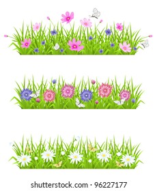 Vector green background with grass and flowers