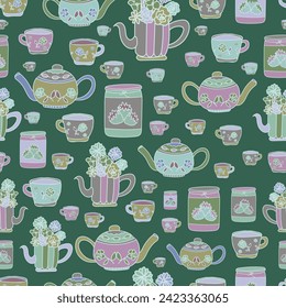 vector green background hand drawn garden tea party elements seamless pattern perfect for wrapping paper, invitations, high tea, paper plates, napkins, stationary, wallpaper, projects, fabric