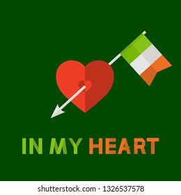 Vector  green background with  heart and arrow with traditional Ireland flag with text in my hearth