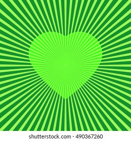 Vector green background heart in the rays of a circle