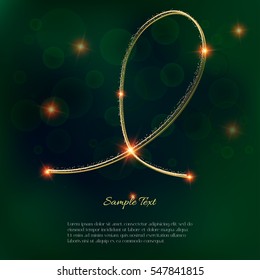 Vector green background with shining golden ribbon and balls