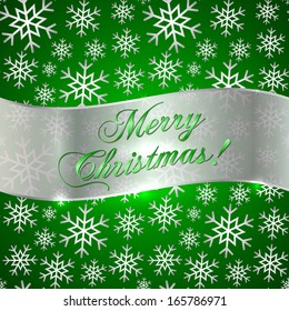 Vector  Green Background with Snowflakes and Silver Greeting Ribbon