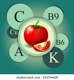 Vector green background with tomato and vitamins. Healthy food elements