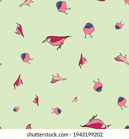 Vector green background various red birds seamless pattern. Purple Finch, Seamless pattern background