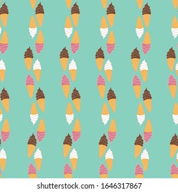 Vector green background vertical ice cream cone seamless pattern. Perfect for fabric, wallpaper and scrap booking.