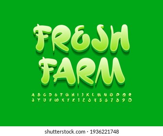 Vector green badge Fresh Farm. Artistic style Font. Creative set of Alphabet Letters and Numbers