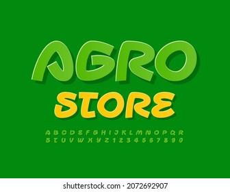 Vector green banner Agro Store. Modern handwritten Font. Bright Alphabet Letters and Numbers set