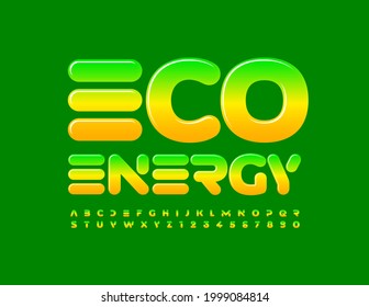 Vector green banner Eco Energy. Futuristic Gradient Alphabet Letters and Numbers set. Techno style Font