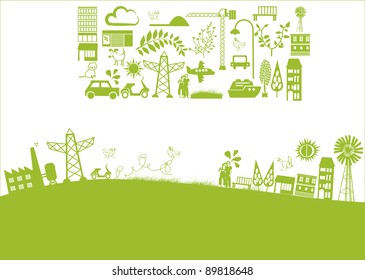 vector - green banner with houses and nature elements