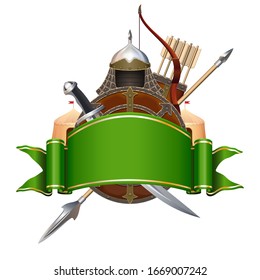 Vector Green Banner with Knight Armor isolated on white background