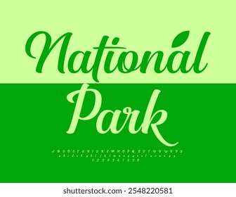 Vector green banner Natural Park. Beautiful Cursive Font. Calligraphic Alphabet Letters and Numbers set.