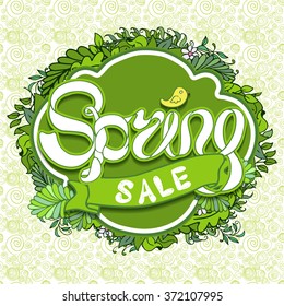 Vector green banner of white text spring sale with ribbon and leaves composition on doodle pattern. Fresh doodle design for banners, greeting cards, advertisement