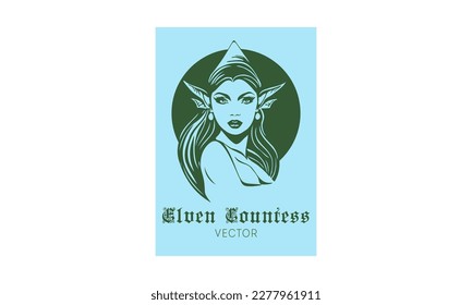 Vector green beautiful young pleasant elven countess in a blue rectangle. Sticker, emblem or icon. White isolated background.