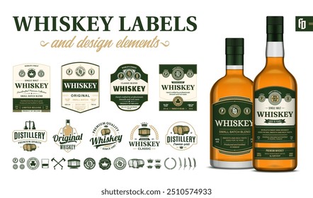 Vector green and beige premium quality whiskey labels. Realistic whiskey glass bottle mockups. Distillery branding and identity design elements