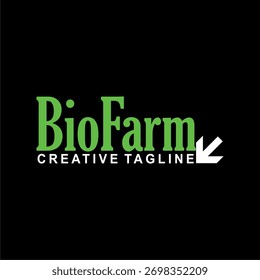 Vector green BIOFARM text and simple arrow shape, eco-friendly product name design.
