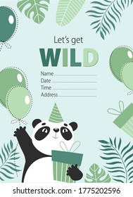 Vector green birthday card with panda and balloon. birthday invitation, poster. birthday greeting card
