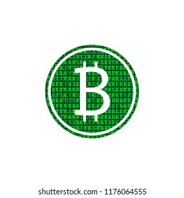 Vector Green Bitcoin Icon, Matrix Data Binary Code Texture, Technology Sign.