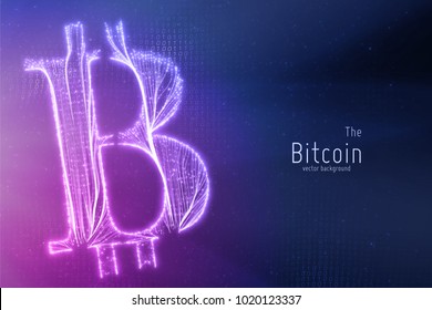 Vector green Bitcoin symbol constructed with growing lines. Bitcoin, blockchain transfer. Computer code representation. Cryptographic analysis, hacking. Cryptocurrency visualization