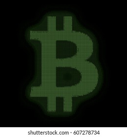 Vector green Bitcoin symbol constructed with numbers. Bitcoin, blockchain transfer.  Computer code representation. Cryptographic analysis \ hacking. Pattern of program code