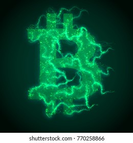 Vector green Bitcoin symbol constructed with flowing binary numbers. Bitcoin, blockchain transfer. Computer code representation. Cryptographic analysis, hacking. Cryptocurrency visualization