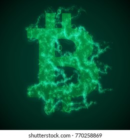 Vector green Bitcoin symbol constructed with flowing binary numbers. Bitcoin, blockchain transfer. Computer code representation. Cryptographic analysis, hacking. Cryptocurrency visualization