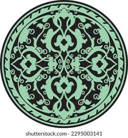 Ornamento nacional de redondeo verde vectorial y árabe negro. El círculo étnico, los pueblos oriental y africano de asia, persia, irán, iraq, siria.
