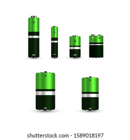 Vector green and black realistic alkaline battery set, diffrent size isolated on white background. Vector Vector battery set,