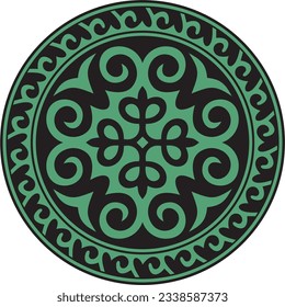 Vector green and black round Kazakh national ornament. Ethnic pattern of the peoples of the Great Steppe, 
Mongols, Kyrgyz, Kalmyks, Buryats. circle, frame border.