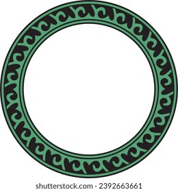 Vector green and black round Kazakh national ornament. Ethnic pattern of the peoples of the Great Steppe, 
Mongols, Kyrgyz, Kalmyks, Buryats. circle, frame border.