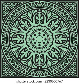 Vector green and black square classical ornament of Ancient Greece and Roman Empire. Tile, Arabesque, Byzantine pattern.
