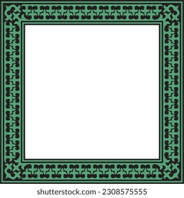 Vector green with black Square Kazakh national ornament. Ethnic pattern of the peoples of the Great Steppe, 
Mongols, Kyrgyz, Kalmyks, Buryats. Square frame border.