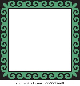 Vector green with black Square Kazakh national ornament. Ethnic pattern of the peoples of the Great Steppe, Mongols, Kyrgyz, Kalmyks, Buryats. Square frame border.
