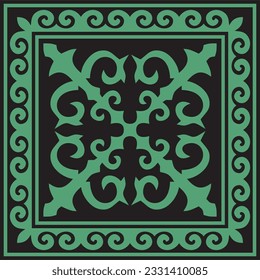 Vector green with black Square Kazakh national ornament. Ethnic pattern of the peoples of the Great Steppe, 
Mongols, Kyrgyz, Kalmyks, Buryats.