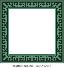 Vector green with black Square Kazakh national ornament. Ethnic pattern of the peoples of the Great Steppe, Mongols, Kyrgyz, Kalmyks, Buryats. Square frame border.
