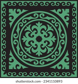 Vector green with black Square Kazakh national ornament. Ethnic pattern of the peoples of the Great Steppe, Mongols, Kyrgyz, Kalmyks, Buryats.
