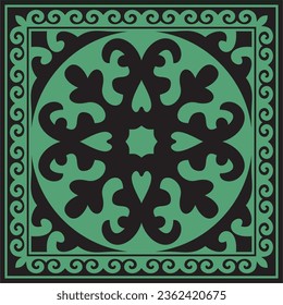 Vector green with black Square Kazakh national ornament. Ethnic pattern of the peoples of the Great Steppe, Mongols, Kyrgyz, Kalmyks, Buryats.
