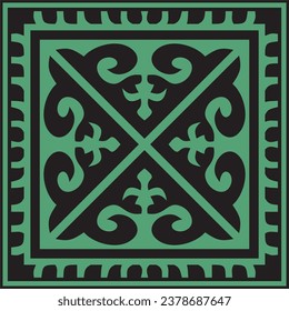 Vector green with black Square Kazakh national ornament. Ethnic pattern of the peoples of the Great Steppe, 
Mongols, Kyrgyz, Kalmyks, Buryats.