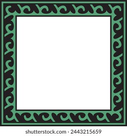 Vector green with black Square Kazakh national ornament. Ethnic pattern of the peoples of the Great Steppe, 
Mongols, Kyrgyz, Kalmyks, Buryats. Square frame border.