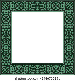 Vector green with black Square Kazakh national ornament. Ethnic pattern of the peoples of the Great Steppe, 
Mongols, Kyrgyz, Kalmyks, Buryats. Square frame border.