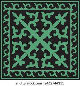 Vector green with black Square Kazakh national ornament. Ethnic pattern of the peoples of the Great Steppe, 
Mongols, Kyrgyz, Kalmyks, Buryats.