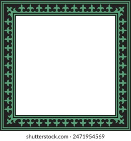 Vector green with black Square Kazakh national ornament. Ethnic pattern of the peoples of the Great Steppe, 
Mongols, Kyrgyz, Kalmyks, Buryats. Square frame border.