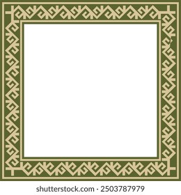 Vector green with black Square Kazakh national ornament. Ethnic pattern of the peoples of the Great Steppe, 
Mongols, Kyrgyz, Kalmyks, Buryats. Square frame border.