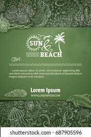Vector green blackboard background of underwater sealife. Chalk dolphin, octopus, fish, starfish, crab, shell, jellyfish, algae, seahorse. Underwater wild life. There is copy space for your text.