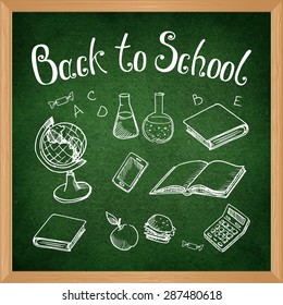Vector green blackboard with chalk-drawn school objects